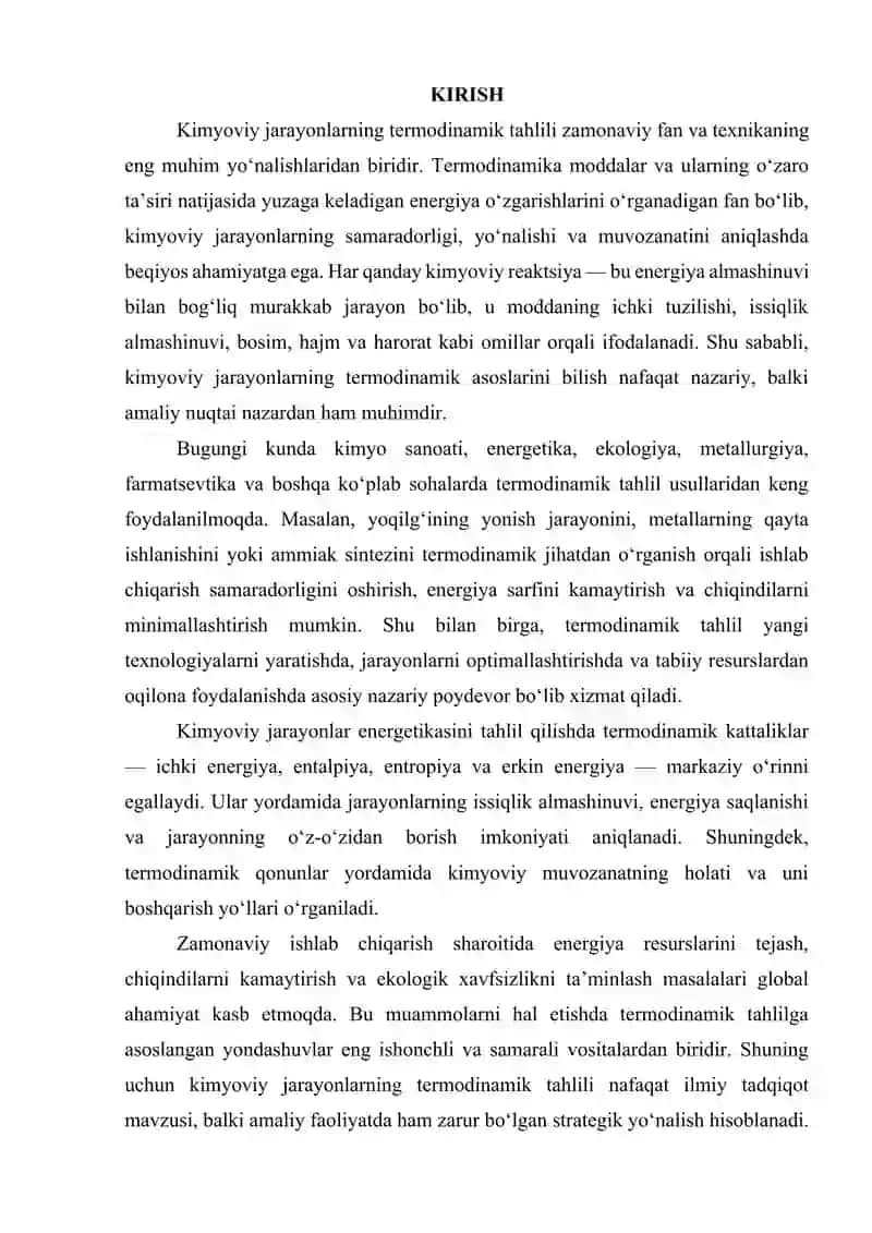 Kimyoviy jarayonlar energetikasi. Termodinamik kattaliklar. 2