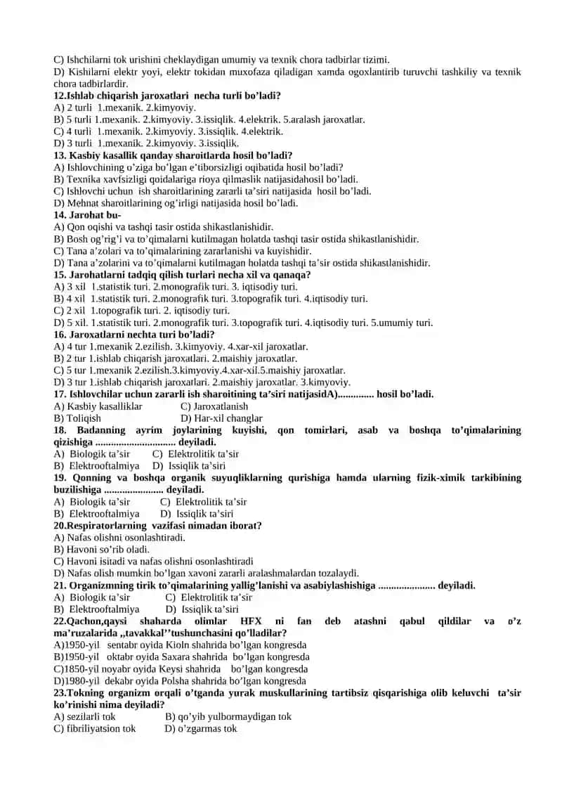«Hayot faoliyati xavfsizligi» fanidan test varianti savollari 2