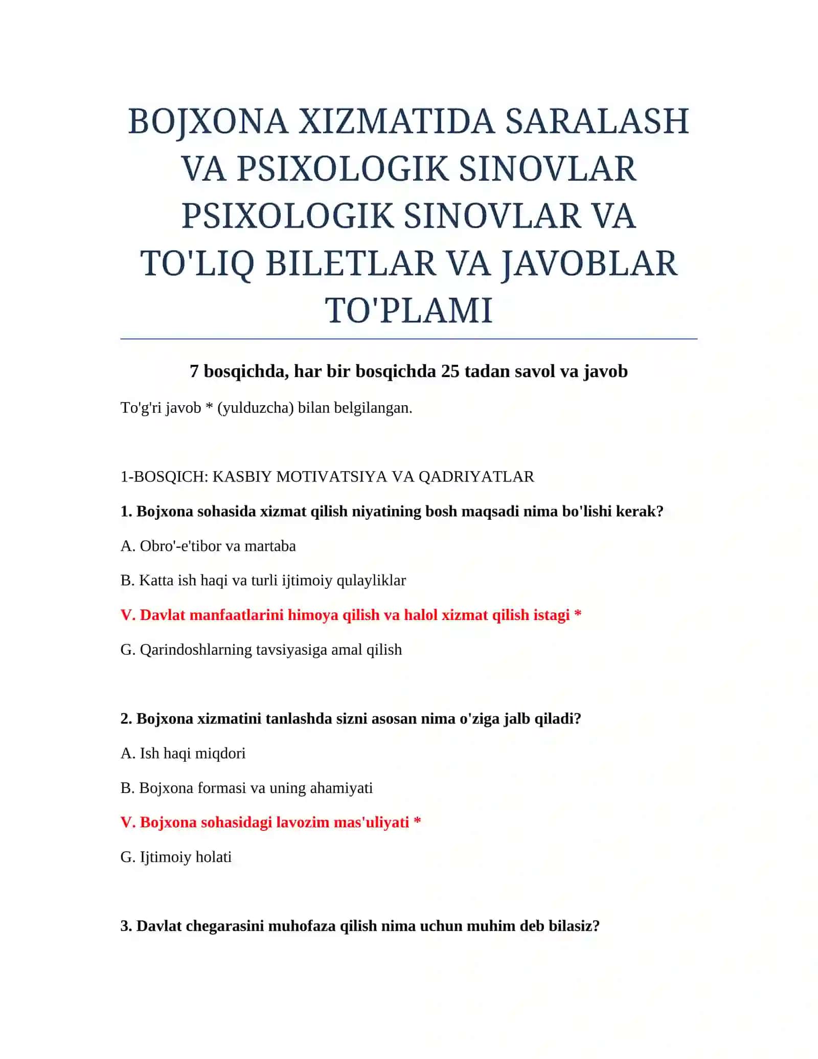 PSIXOLOGIK SINOVLAR VA TO'LIQ BILETLAR VA JAVOBLAR TO'PLAMI 2