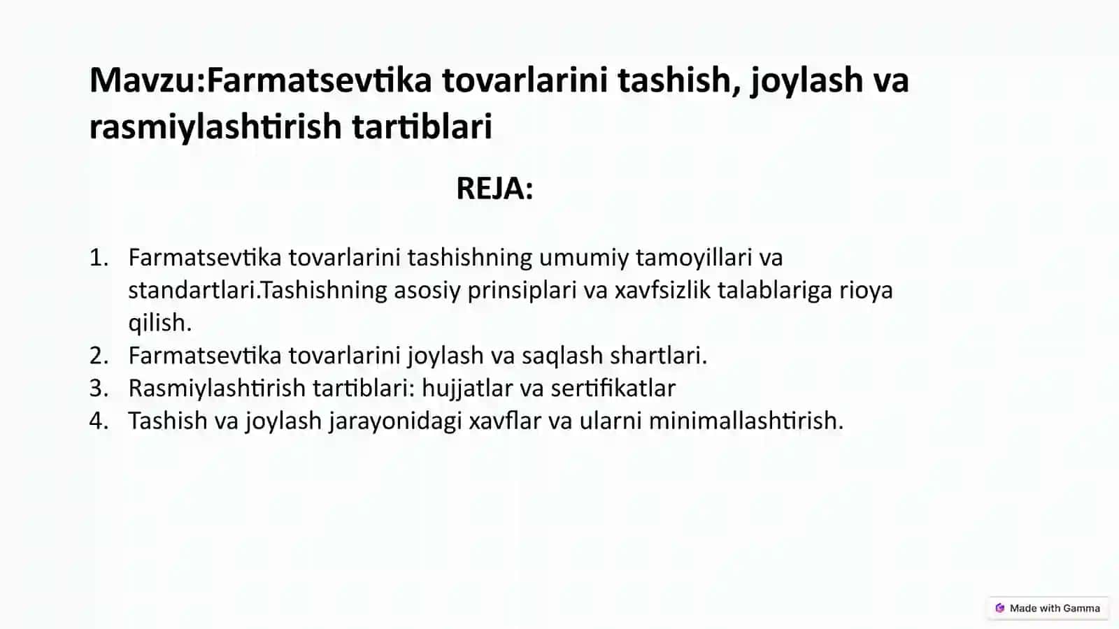 Farmatsevtika Tovarlarini Tashish, Joylash va Rasmiylashtirish Tartiblari 2