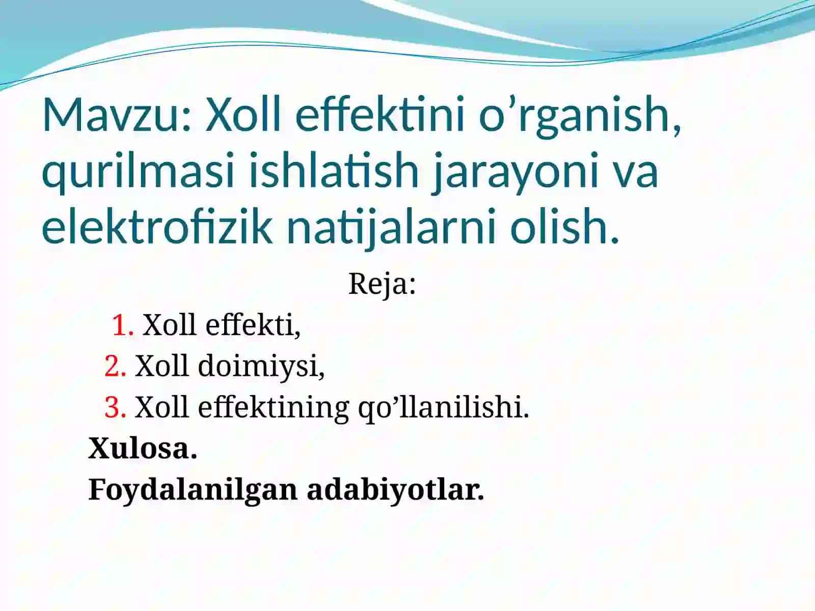 Xoll effektini o’rganish, qurilmasi ishlatish jarayoni va elektrofizik natijalarni olish mavzusida tayyor taqdimoti 2