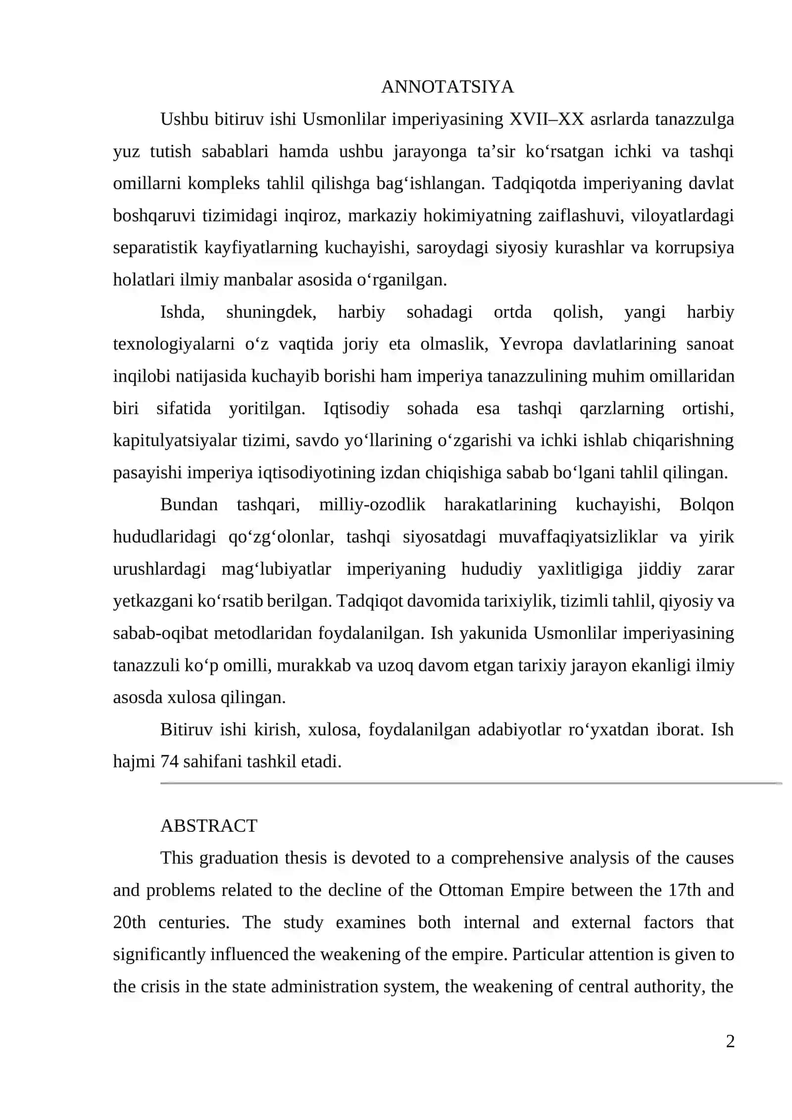 “Usmonlilar imperiyasining tanazulga yuz tutishi sabab va oqibatlari” 2