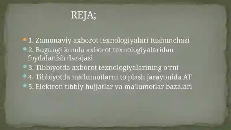 Zamonaviy axborot texnologiyalaridan bugungi kunda foydalanish   darajasi, ularni tibbiyotning turli soxalarida ma’lumotlar   to‘plashda, diagnostika va davolashda tutgan o‘rni. Mobil   ilovalardan foydalanib har xil ko’rinishdagi hujjatlarni yaratish. 2
