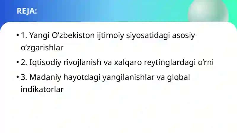 Yangi O’zbekiston ijtimoiy siyosiy, iqtisodiy vamadaniy hayotida ro’y berayotgan o’zgarishlarningxalqaro reyting va indekslarida aks etishi 2