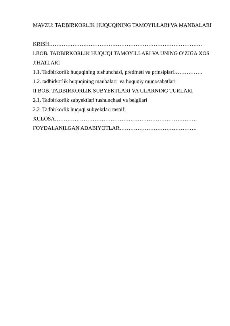 TADBIRKORLIK HUQUQINING TAMOYILLARI VA MANBALARI 2