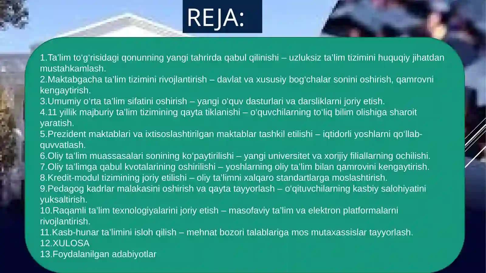 O`ZBEKISTON RESPUBLIKASI DATA’LIMAMALGA O`SHIRILGAN ISLOHOTLAR 2