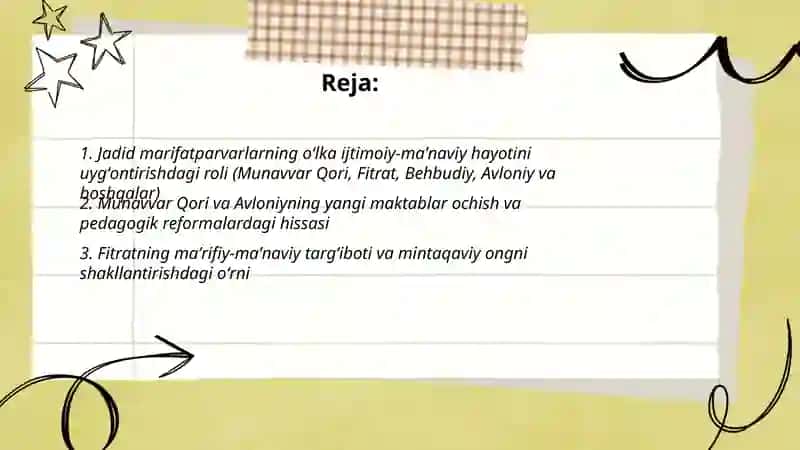 Jadid marifatparvarlatning oʻlka ijtimoiy manaviy hayotida tutgan oʻrni( Munavvarqori, Fitrat, Behbudiy, Avloniyva boshqalar) haqida 2