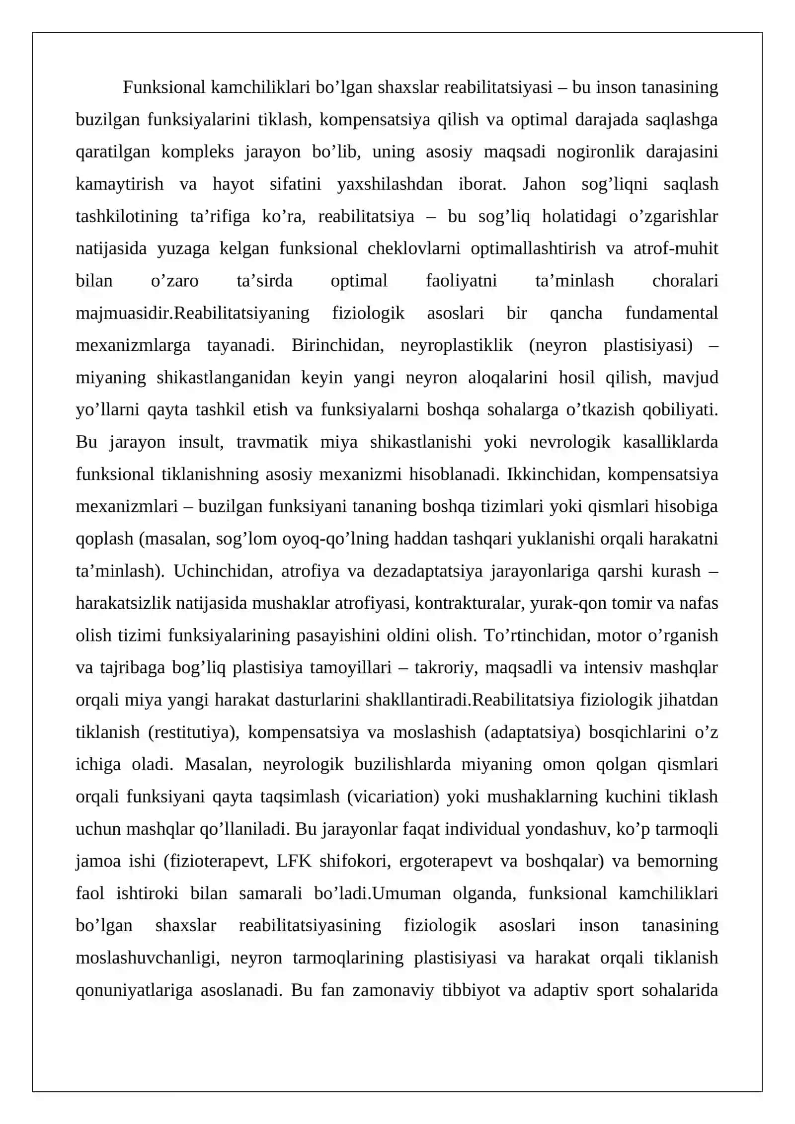 Funksional kamchiliklari bo’lgan kishilar reabilitatsiyasining fiziologik asoslari 2