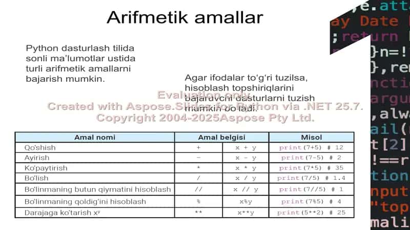 Python Arifmetik Amallarni Bajarish 2