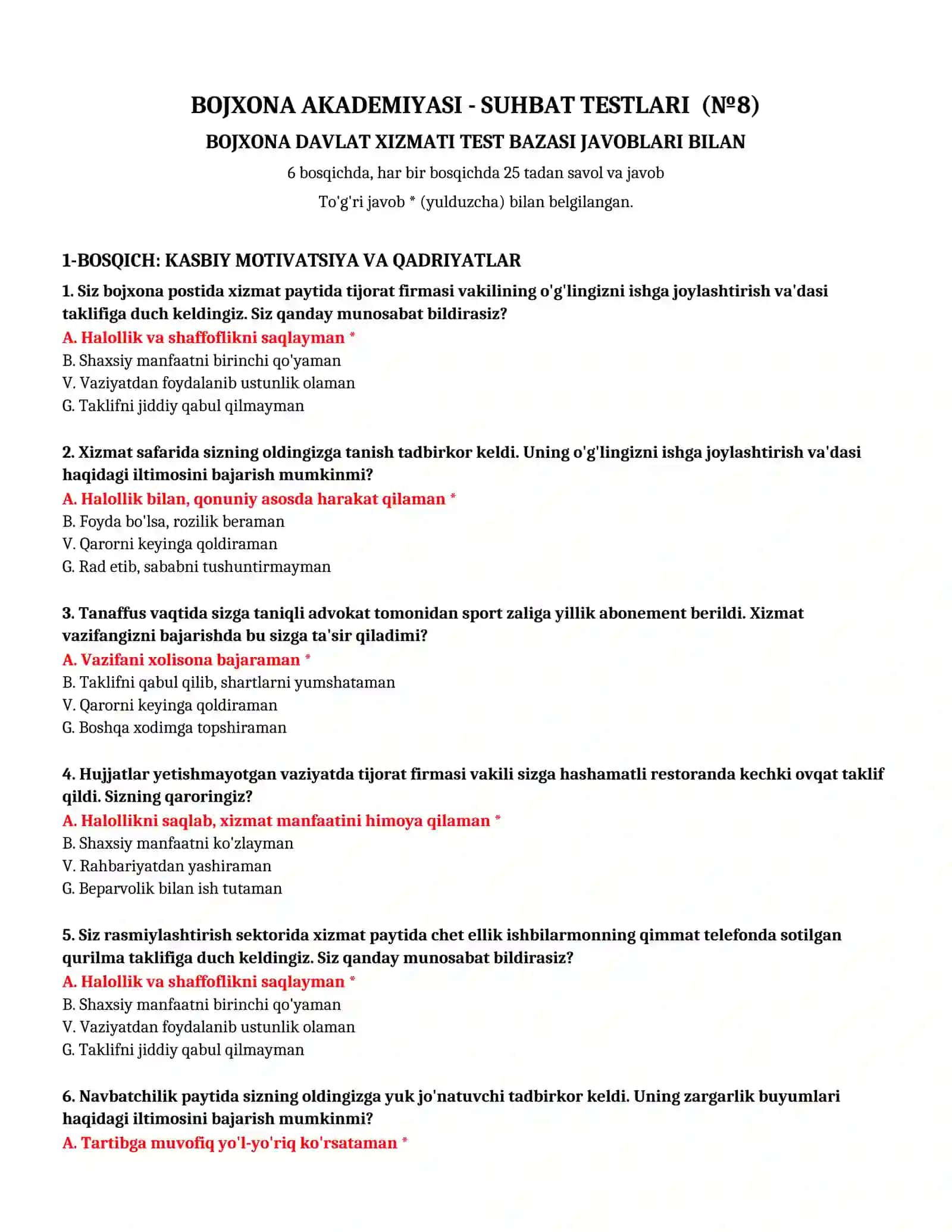 BOJXONA AKADEMIYASI - SUHBAT TESTLARI (№ 8) 2