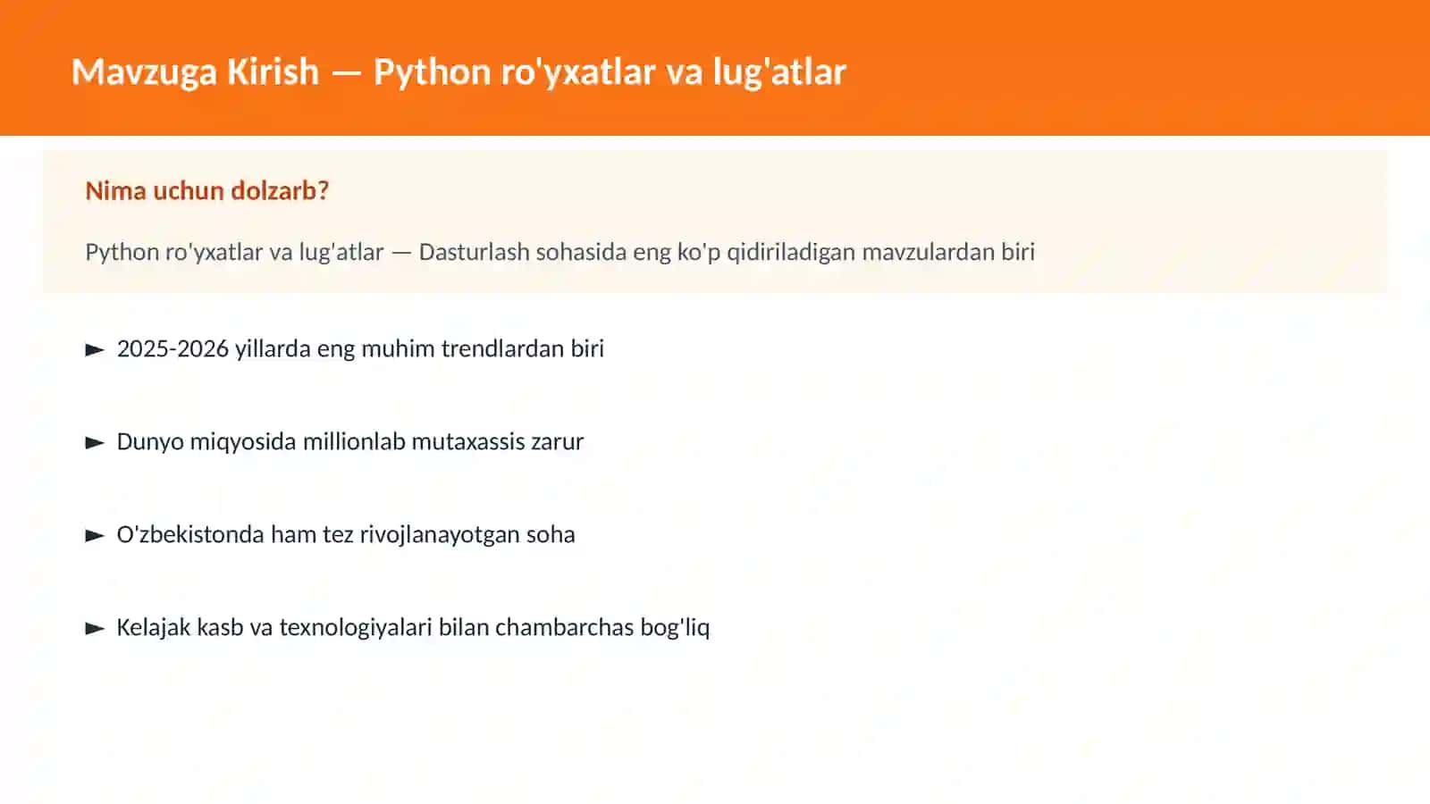 Python ro'yxatlar va lug'atlar 2