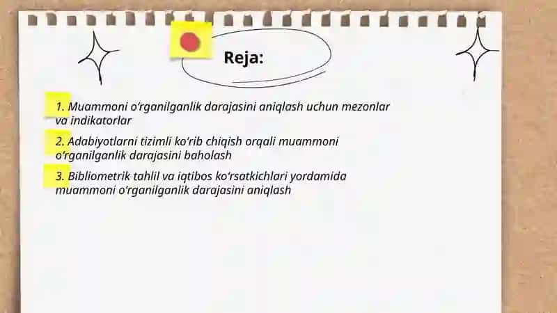 Muammoni oʻrganilganlik darajasini ishlab chiqish 2