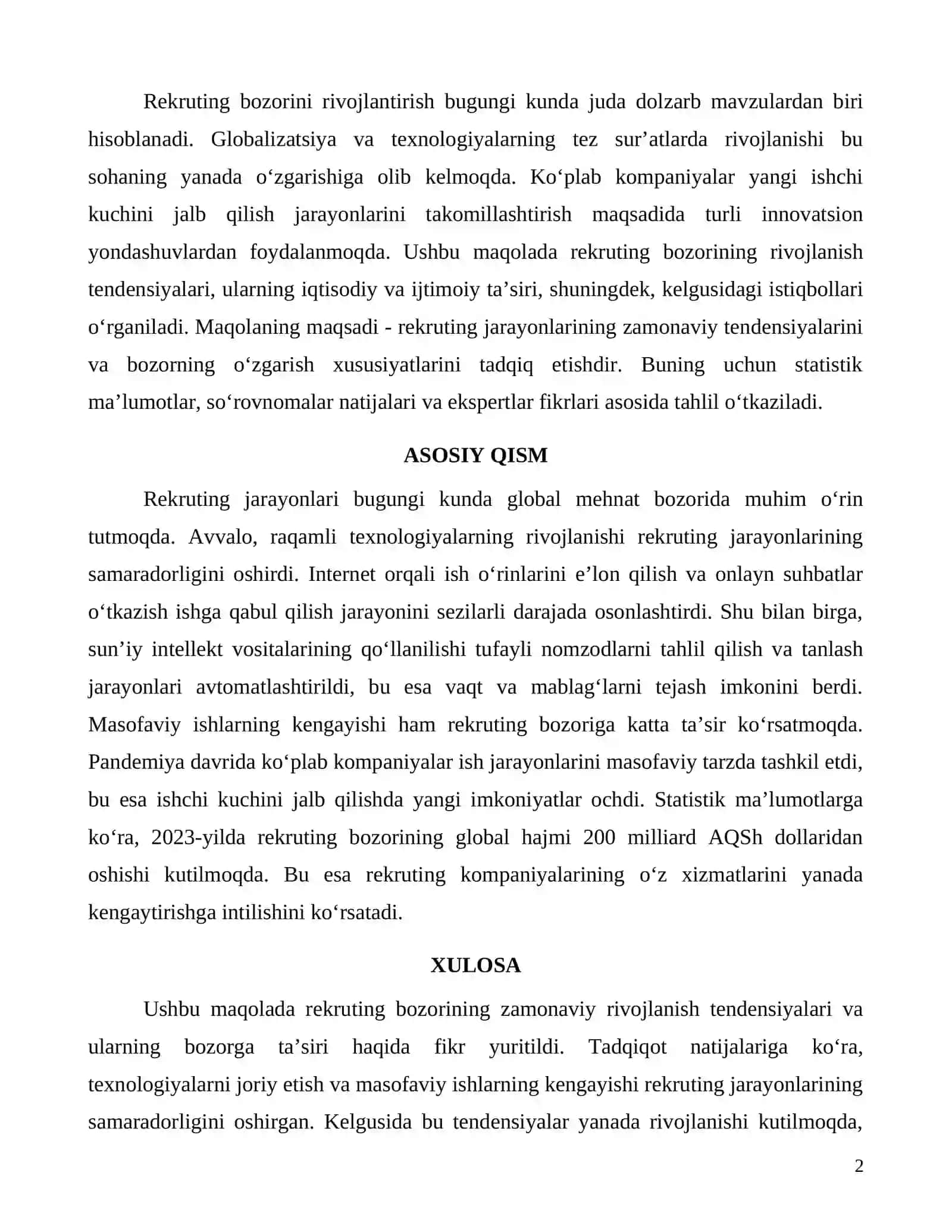 Rekruting bozorini rivojlantirishdagi zamonaviy tendensiyalar va ularning ta’siri 2
