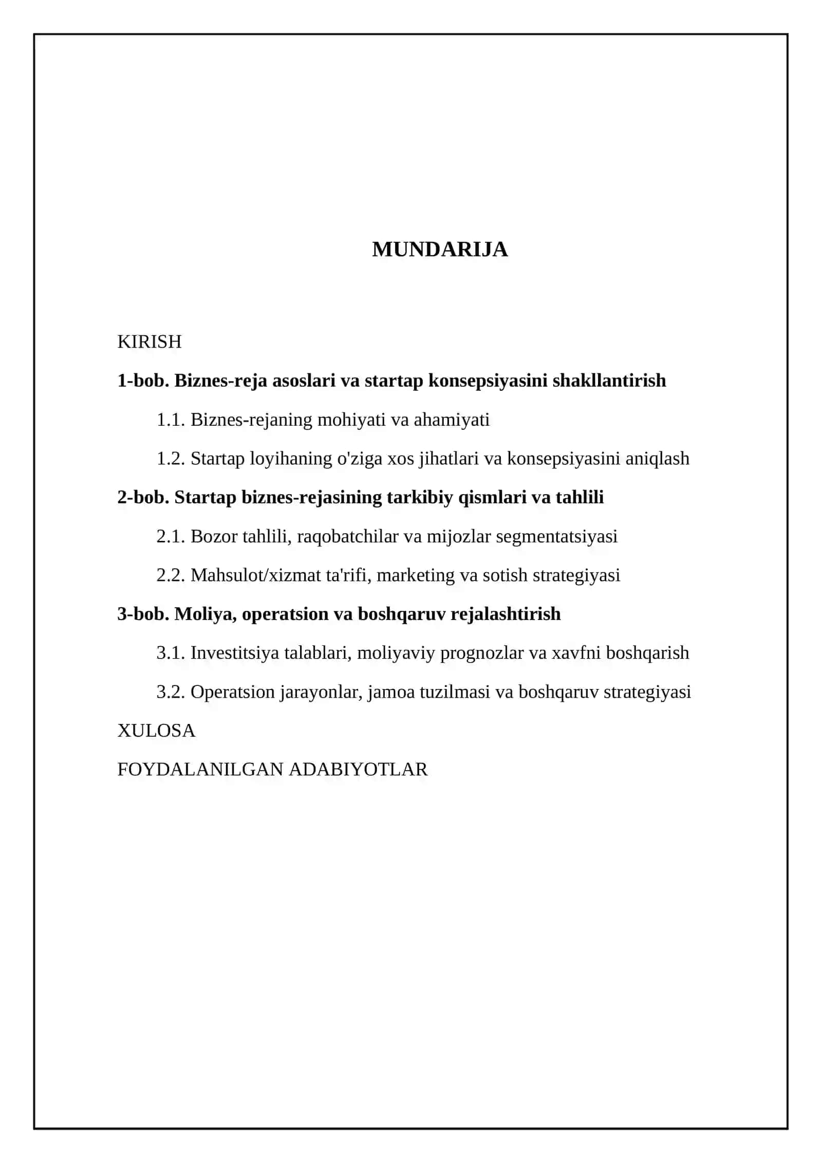 Startap loyihalar uchun biznes-reja ishlab chiqish mexanizmi 2