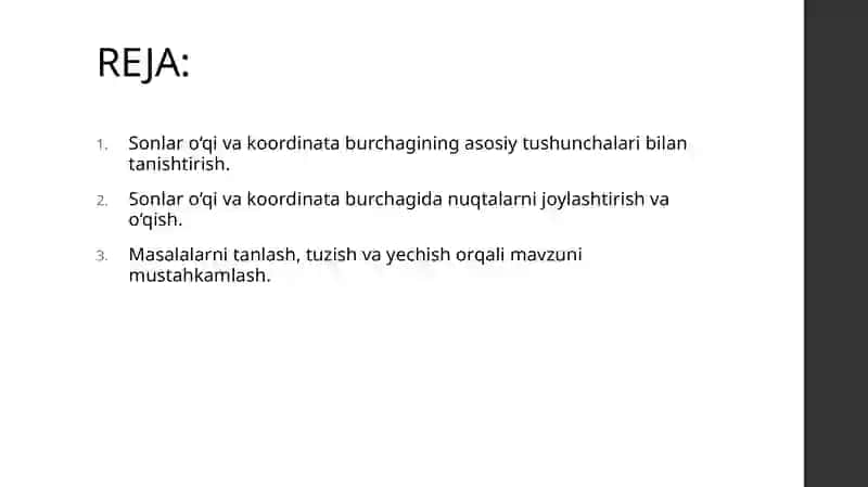 SONLAR O'QI, KOORDINATA BURCHAGI BO'YICHA  MASALALAR TANLASH VA TAYYORLASH 2