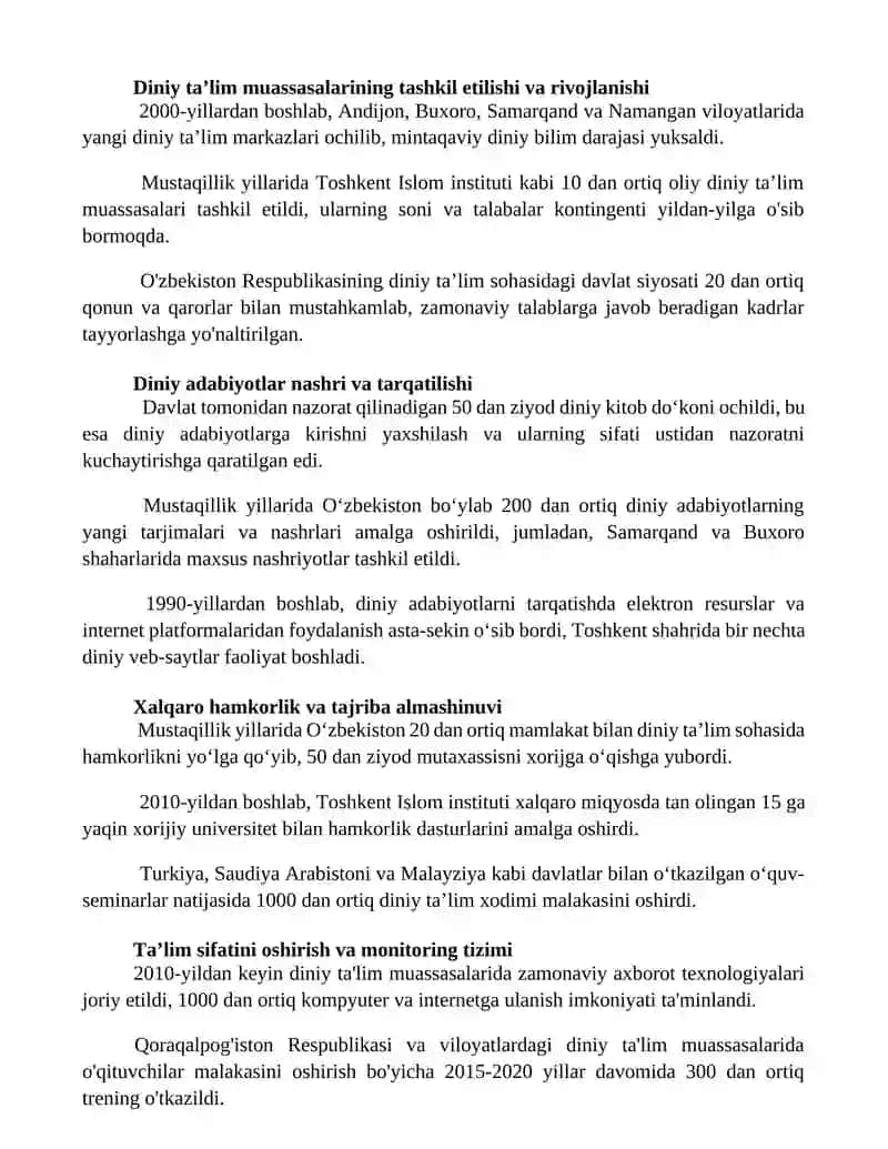 Mustaqillik yillarida diniy ta’lim tizimining rivojlanishi 2