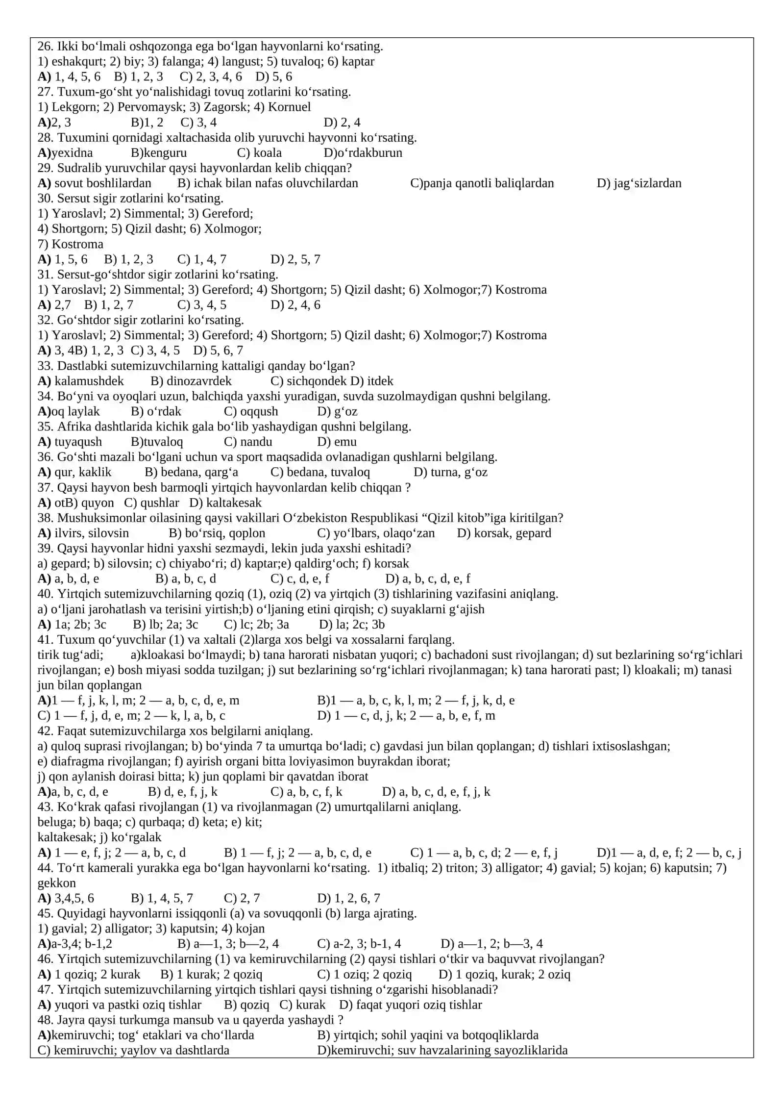 Qishloq hayvonlari test vazirligi misol 2