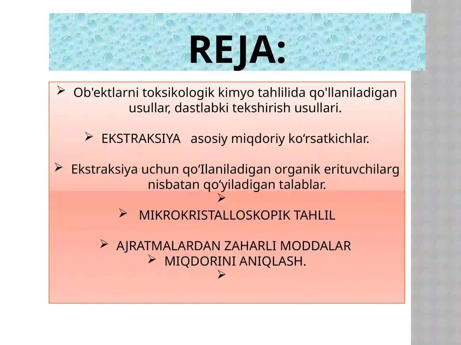 Toksikologik kimyo fanidan "Ob'ektlarni toksikologik kimyo tahlilida qo'llaniladigan usullar, dastlabki tekshirish usullari" mavzusidagi mustaqilish uchun tayyorlagan taqdimot 2