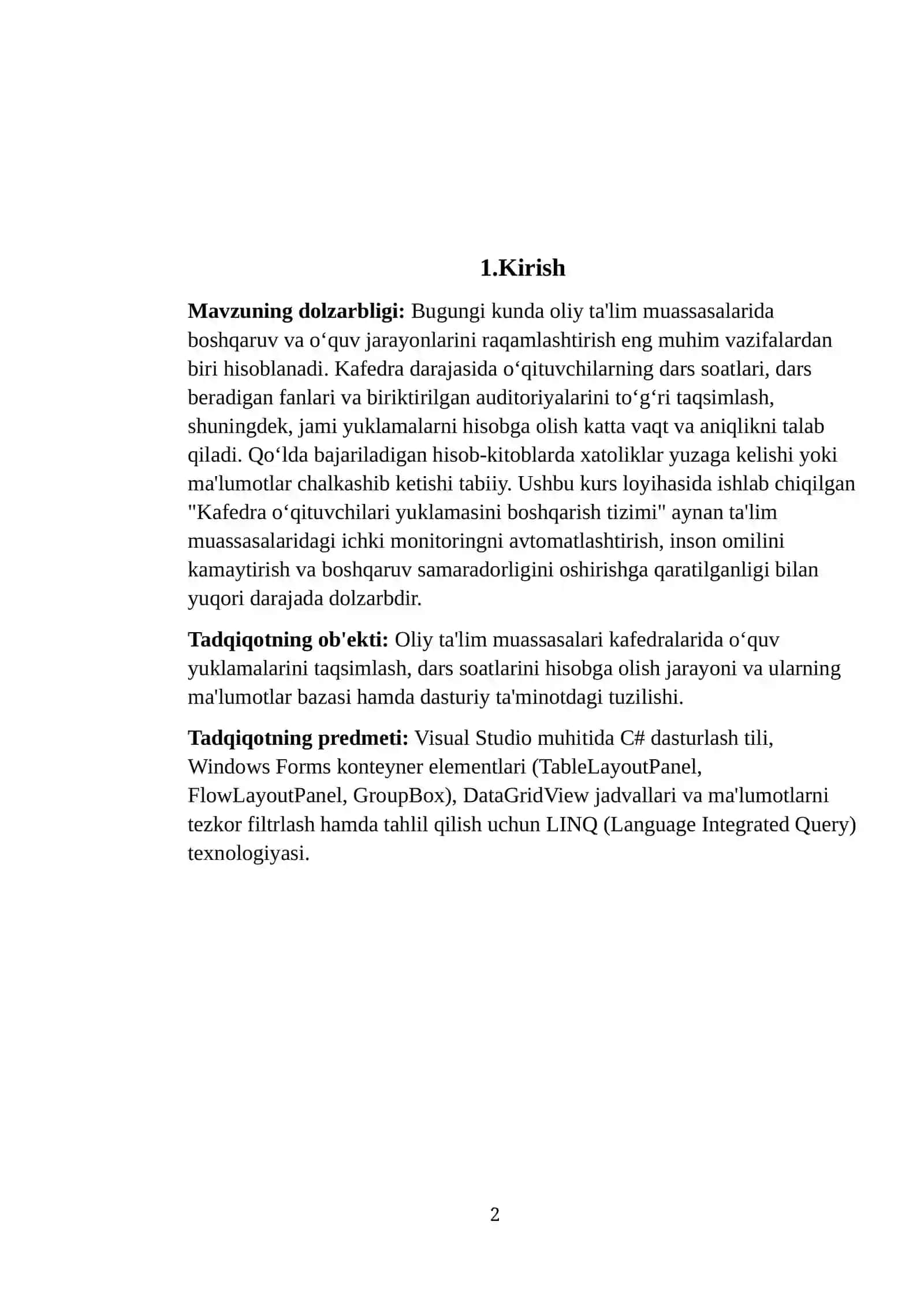 “Kafedra o‘qituvchilari yuklamasini boshqarish tizimi” dasturini yaratish 2