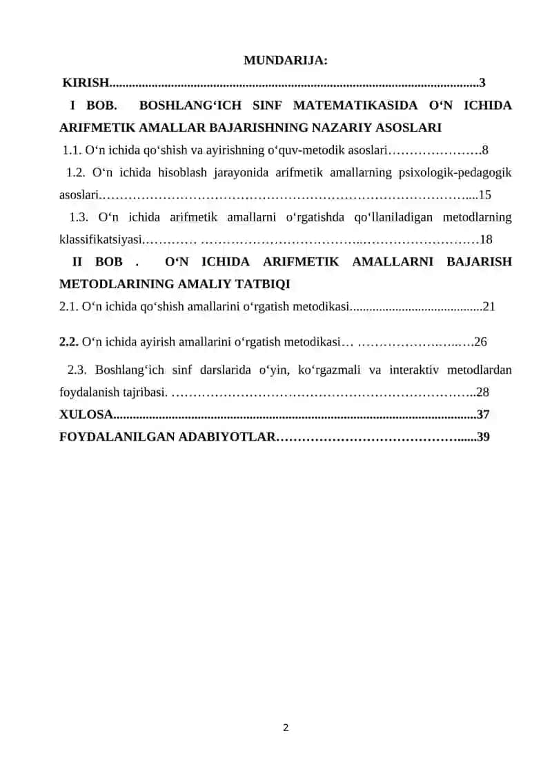 O'N ICHIDA ARIFMETIK AMALLAR BAJARISH METODLARIDAN FOYDALANISH 2