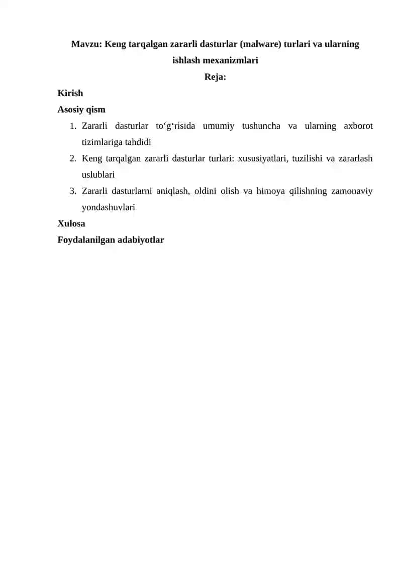 Keng tarqalgan zararli dasturlar (malware) turlari va ularning ishlash mexanizmlari 2