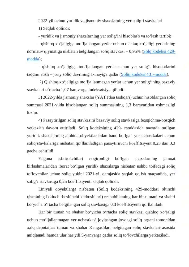 Yuridik shaxslar yer solig'ining to'lovchilari soliq solish obekti va stavkalari 2