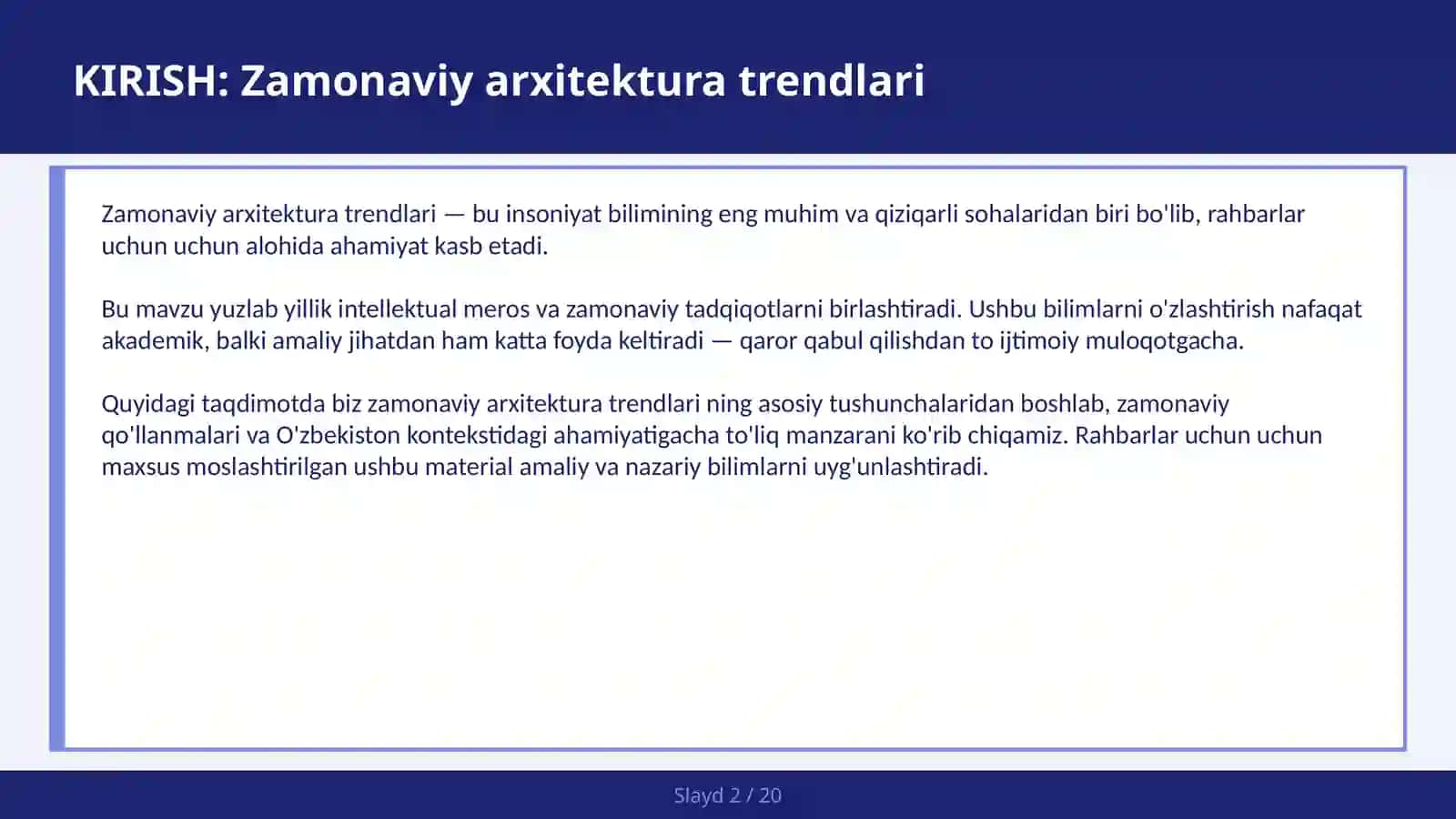 ZAMONAVIY ARXITEKTURA TRENDLARI 2