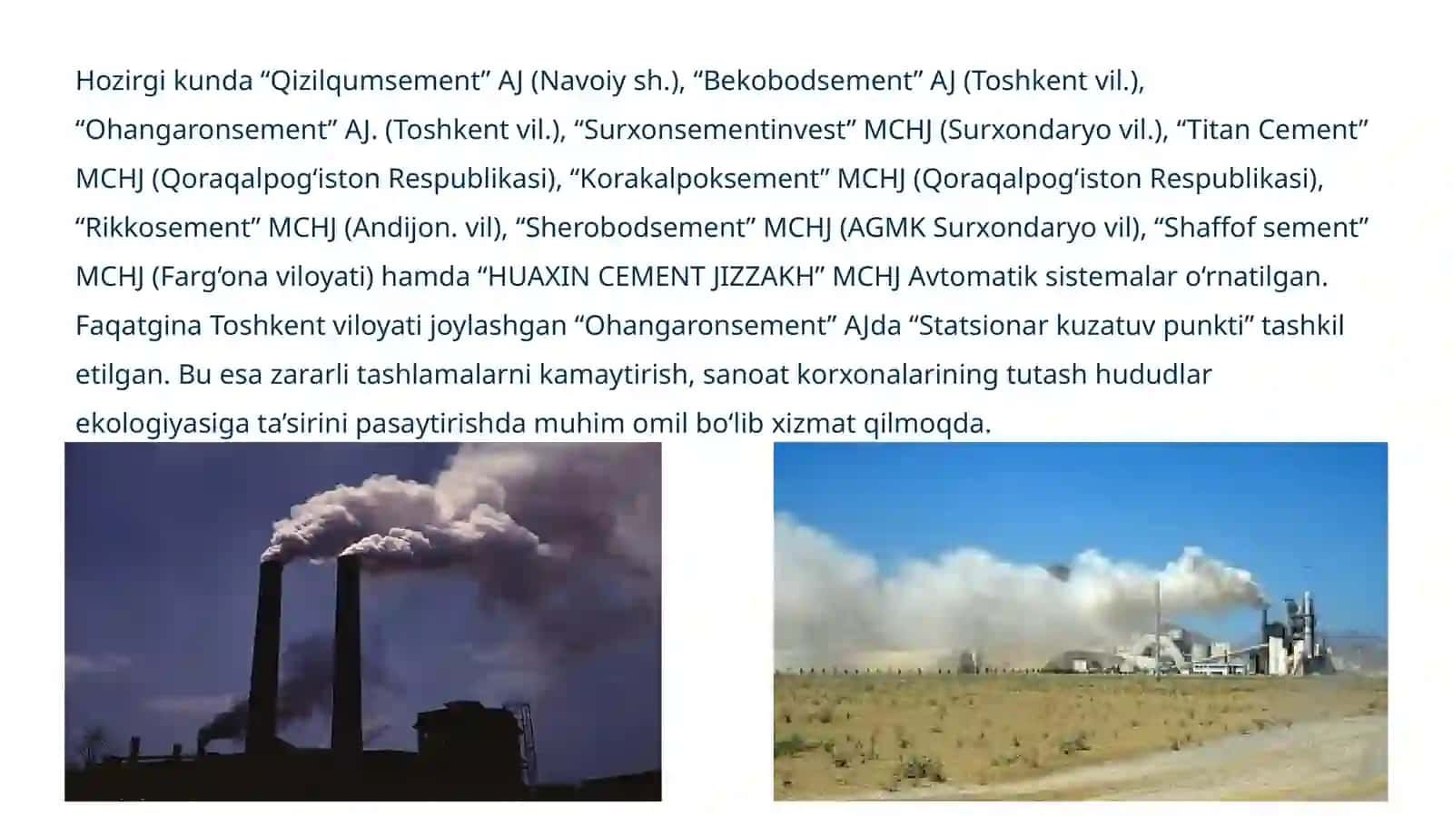 Atmosferaga asosiy ta’sir ko‘rsatuvchi tarmoqlar. Sement zavodlaridan atmosfera havosiga tashlanyotgan changlarni kamaytirish 2