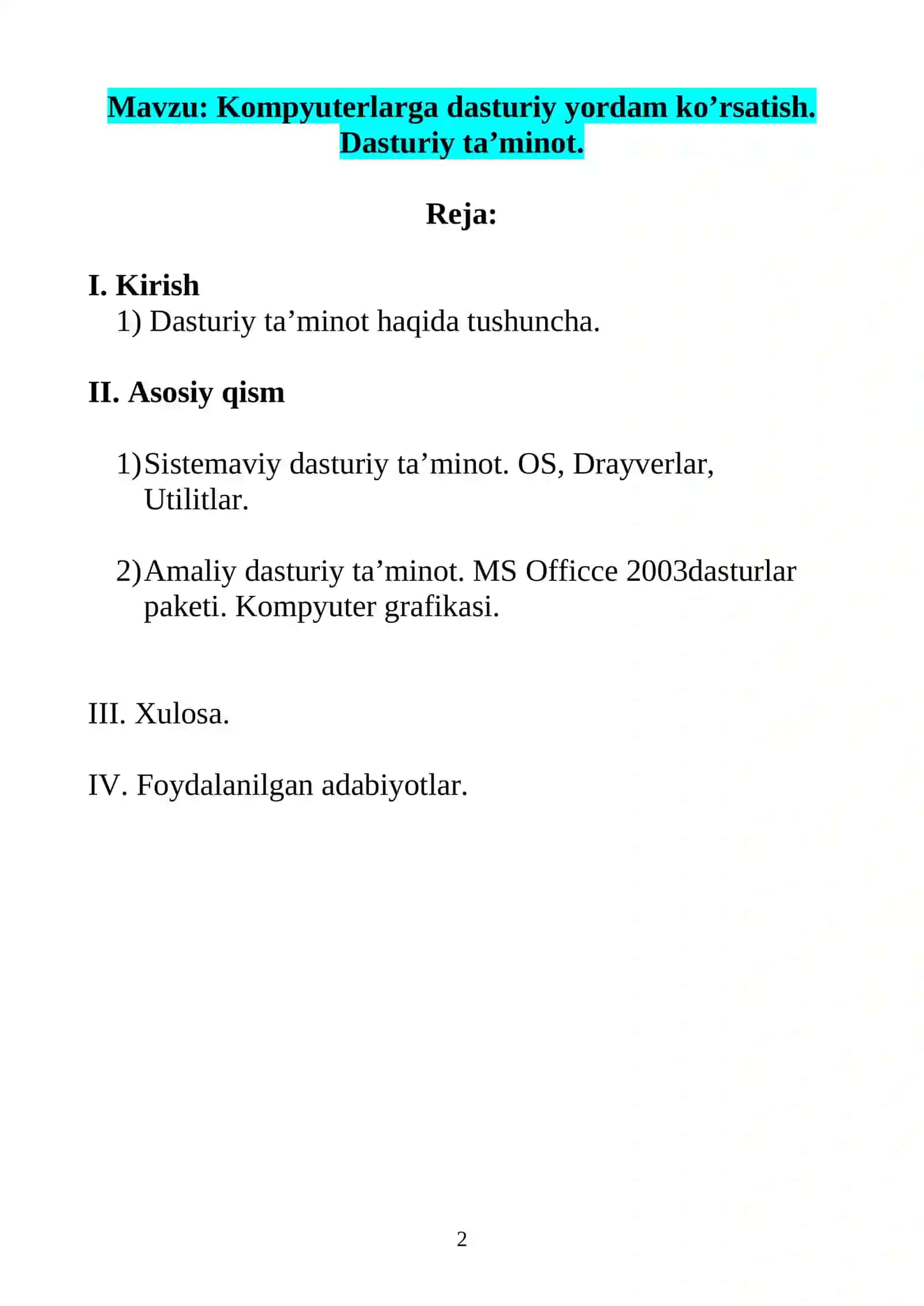 Kompyuterlarga dasturiy yordam ko’rsatish 2