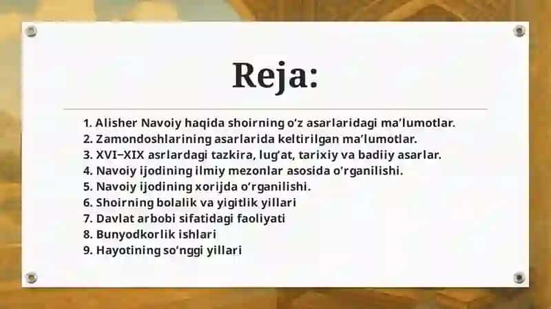 ALISHER NAVOIY IJODINING O‘RGANILISHI.HAYOTIGA DOIR MUHIM MA’LUMOTLAR 2