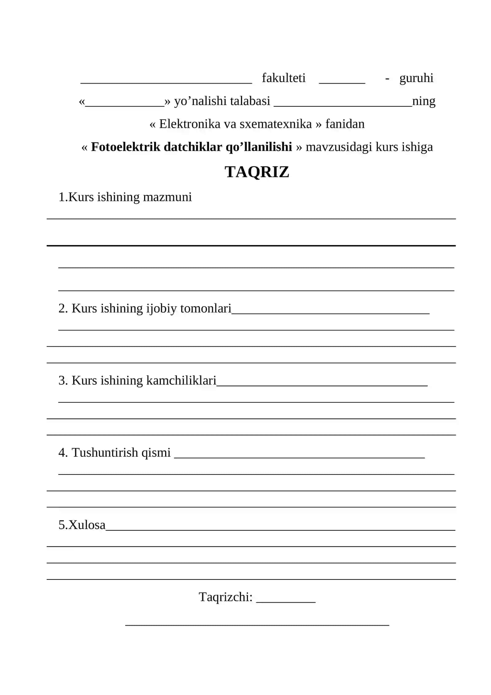 Fotoelektrik datchiklar qo'llanilishi KURS ISHI 2