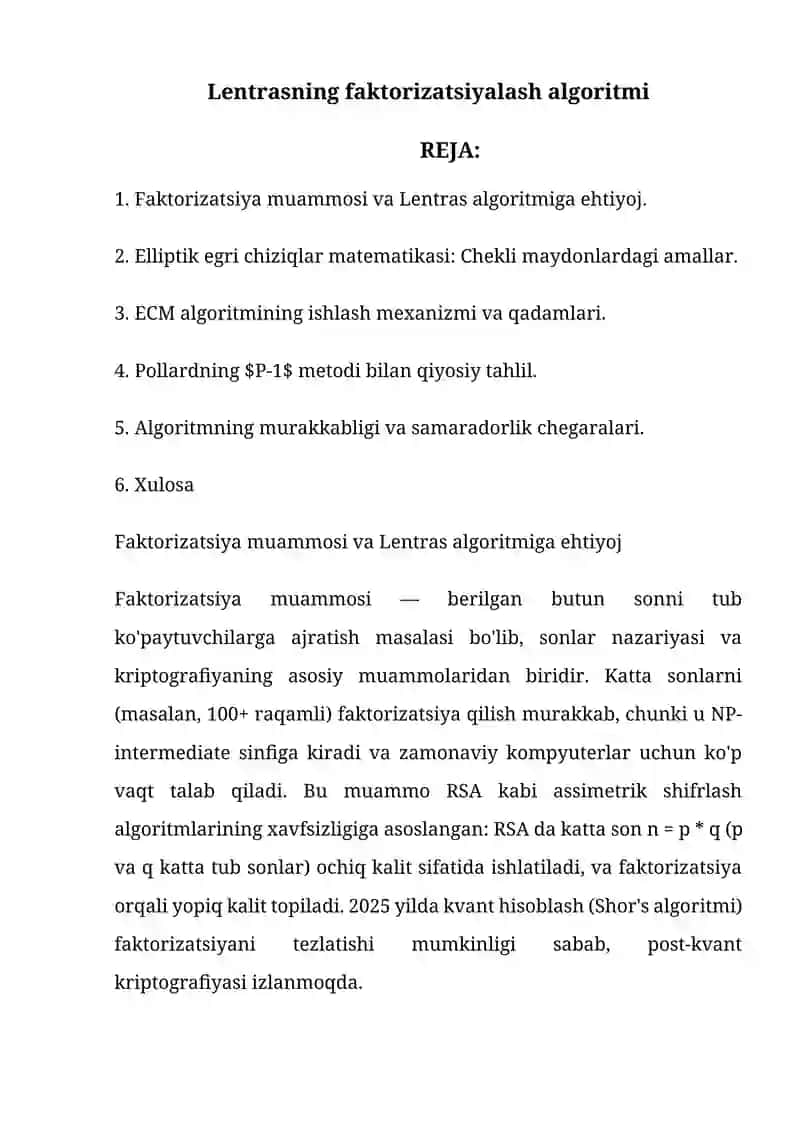 Lentrasning faktorizatsiyalash algoritmi 2