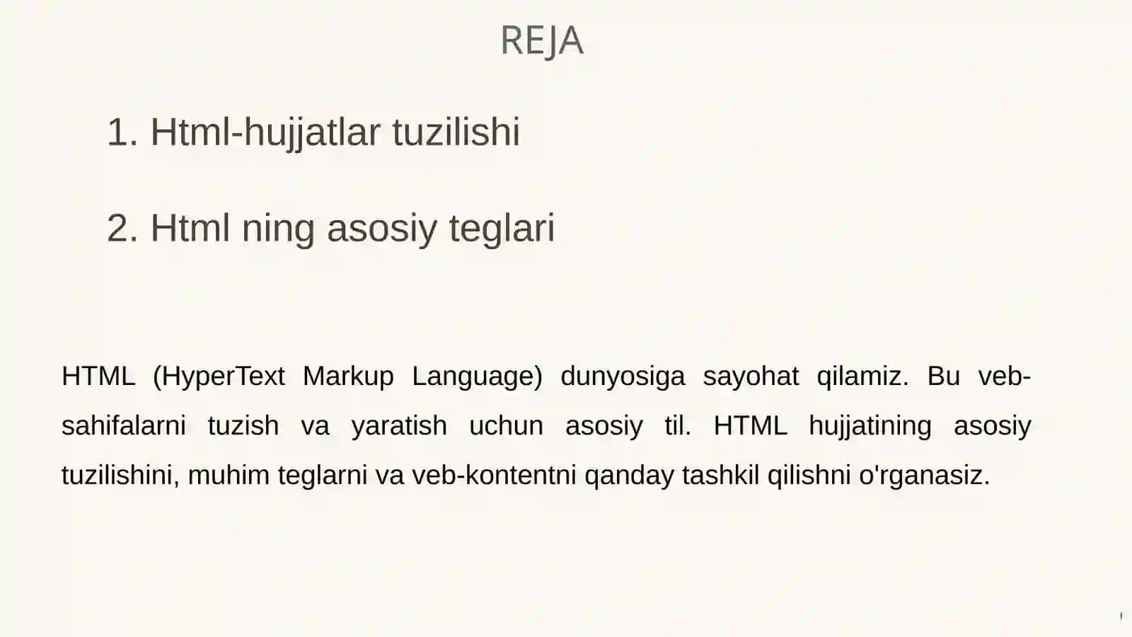 2-Mavzu. HTML tiliga kirish, html-hujjatlari tuzilishi, htmlning asosiy teglari 2