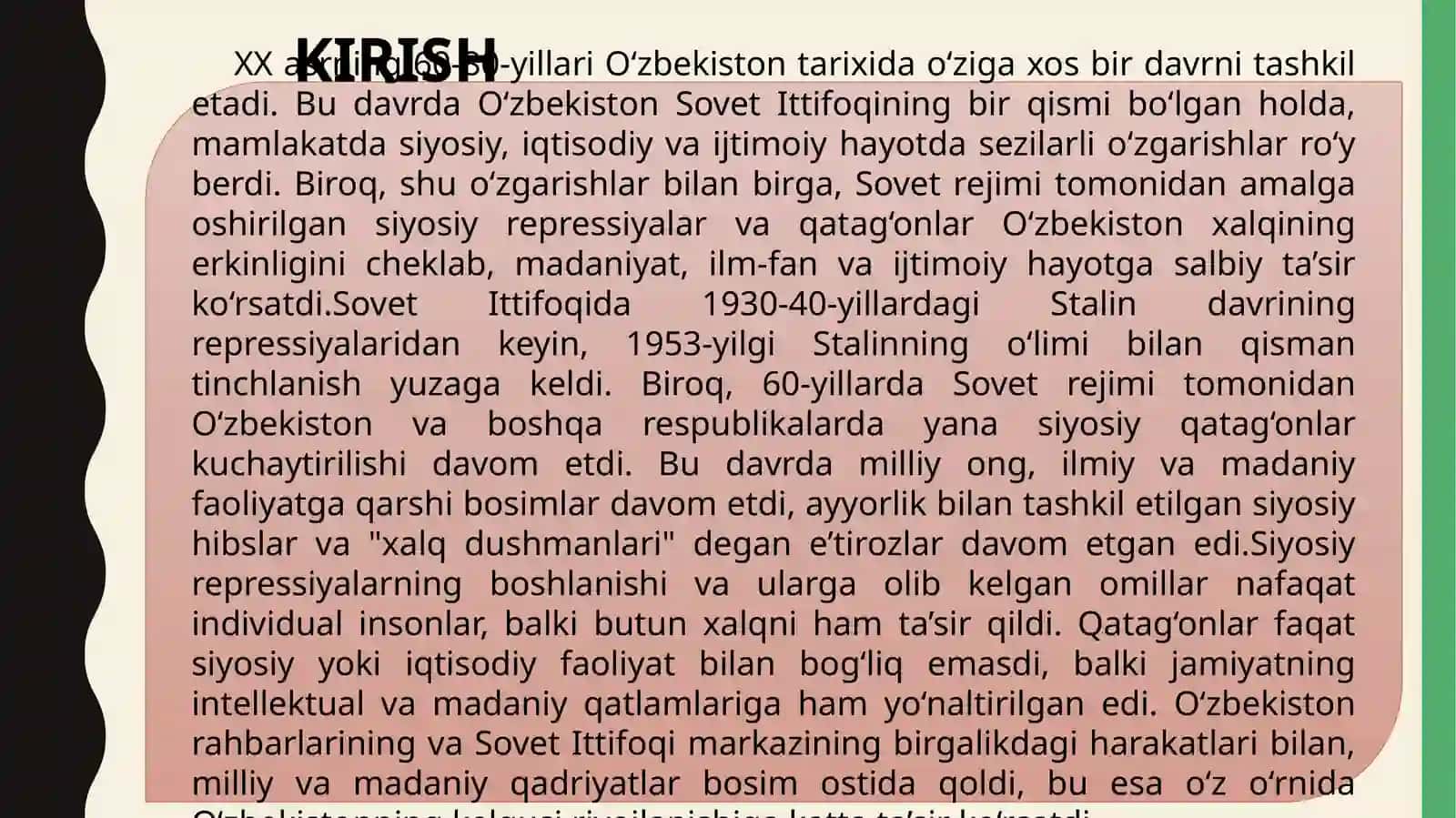 OʻZBEKISTONDA SIYOSIY QATAGʻONLARNING BOSHLANISHI VA ULARNING OQIBATLARI ( XX ASRNING 60-80-YILLARI) 2