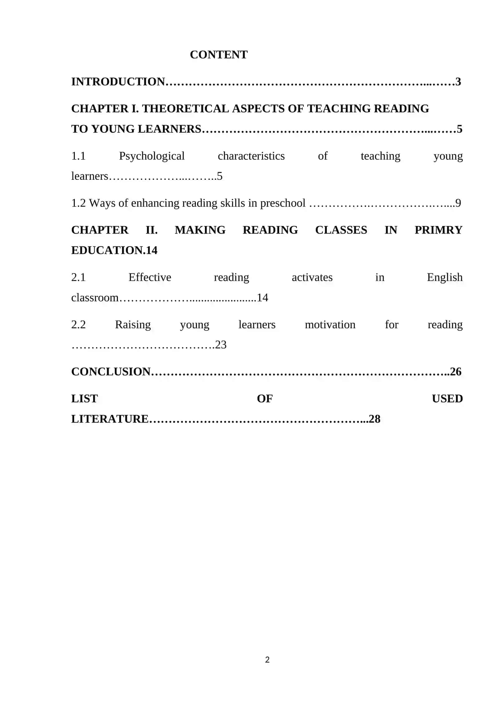 COURSE PAPER: ENHANCING THE READING SKILLS OF YOUNG LEARNERS IN PRESCHOOL AND PRIMARY EDUCATION 2