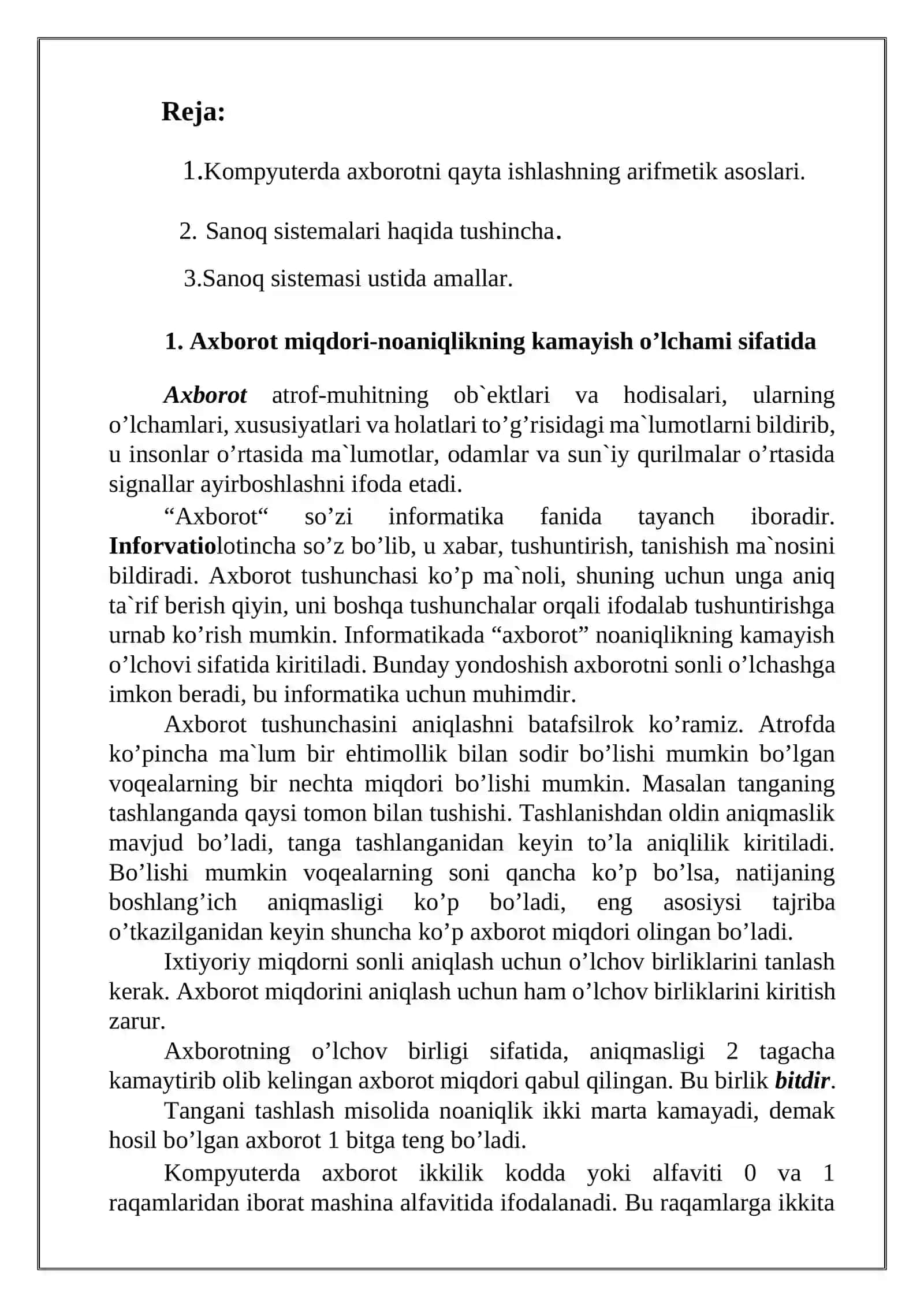 Kompyuterda axborotni qayta ishlashning arifmetik asoslari 2