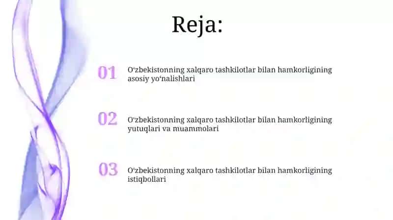 Oʻzbekistonning xalqaro tashkilotlar bilan hamkorligining asosiy yo'nalishlari 2