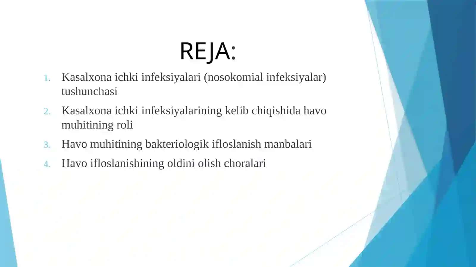 Kasalxona ichki infeksiyalarini kelib chiqishi uchun havo muhitining bakteriologik ifloslanganligini 2