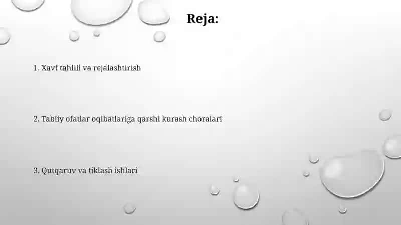 Tabiiy ofatlar oqibatlariga qarshi chora tadbirlarni oʻrganish 2