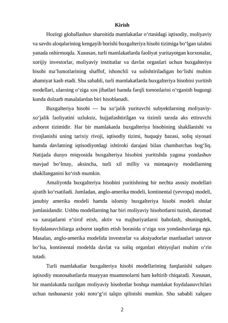 Turli mamlakatlarning buxgalteriya hisobini yuritish modellari tushunchasi  KURS ISHI 2