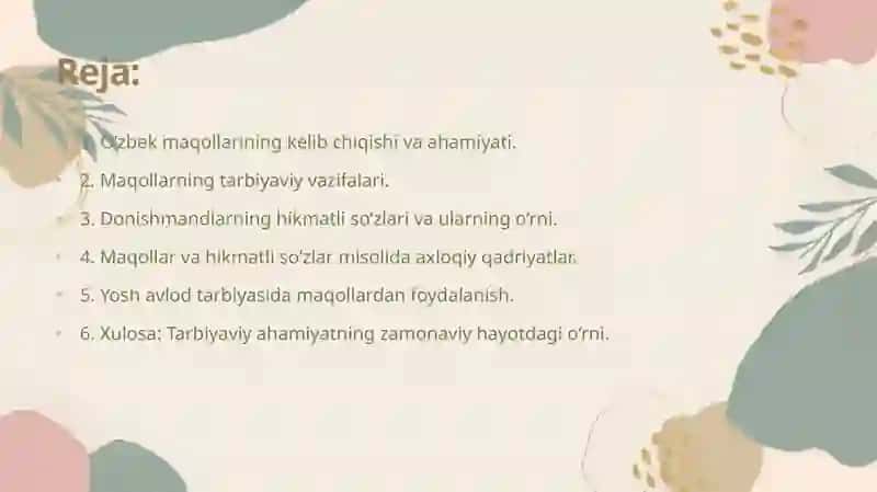 O'zbek maqollarining tarbiyaviy ahamiyati; Donishmandlarning hikmatli so'zlari 2