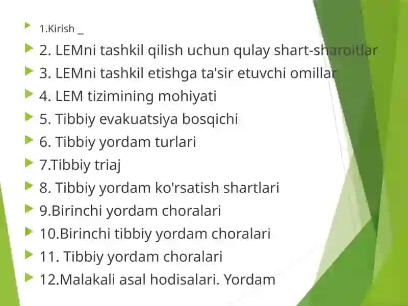 Tibbiy va Evakuatsiya Yordamini Tashkil Etish 2