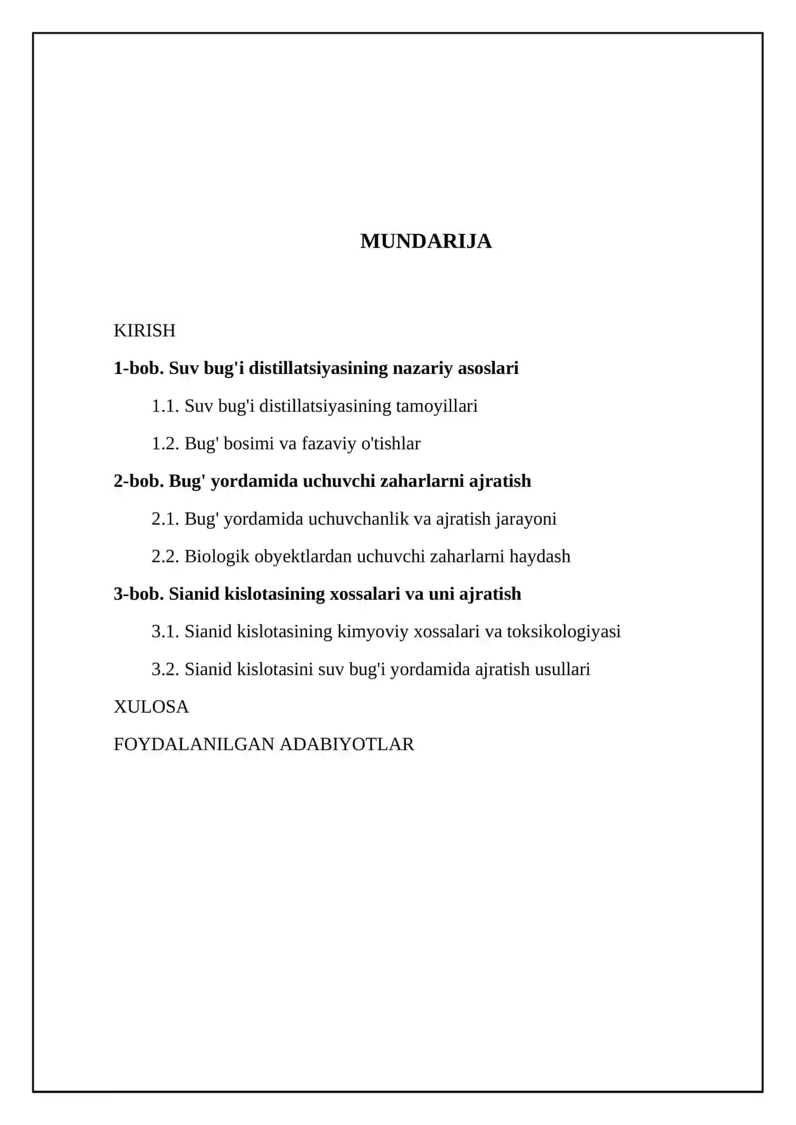Uchuvchi zaharlarni suv bugʼi yordamida biologik obʼyektdan ajratib olishning nazariy asoslari. Zaharlarni suv bugʼi yordamida hayday ajratib olish. Sianid kislotasi 2