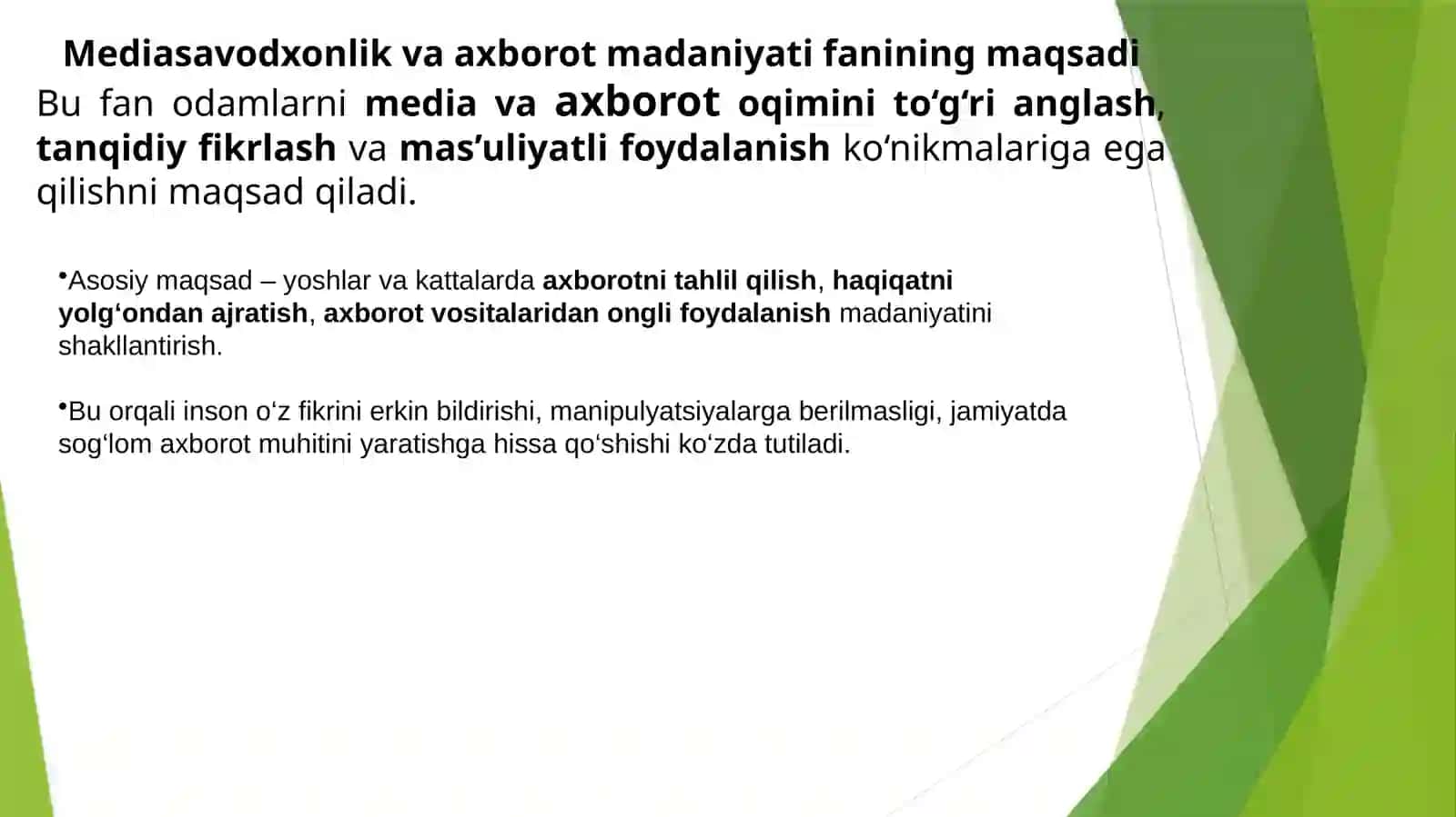 Mediasavodxonlik va axborot madaniyati fanining maqsadi va vazifalari 2