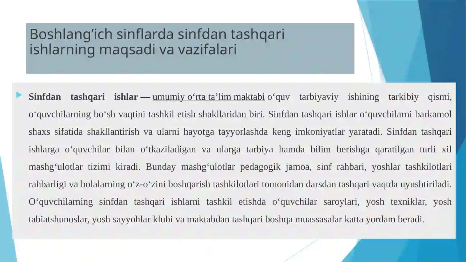Boshlang’ich sinflarda sinfdan tashqari ishlarni tashkil etishning maqsadi, vazifasi, mazmuni 2