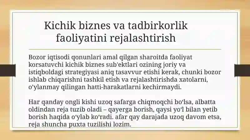 Kichik biznes va tadbirkorlik faoliyatini rejalashtirish 2