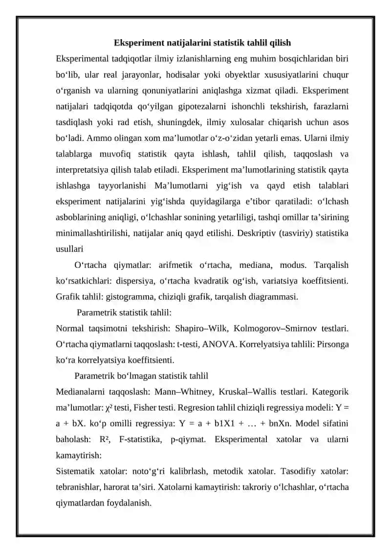 Eksperimentlar natijalarini statistik tahlil qilish 2