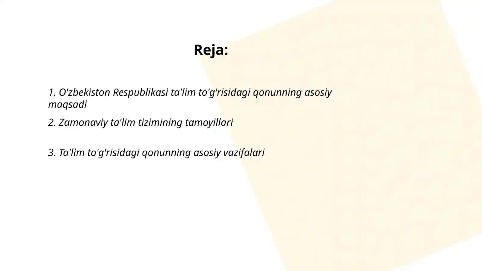 O'zbekiston Respublikasi ta'lim to'g'risidagi qonun mazmun mohiyati. Kasb ta'lim fanini pridmeti maqsadi va vazifalari 2