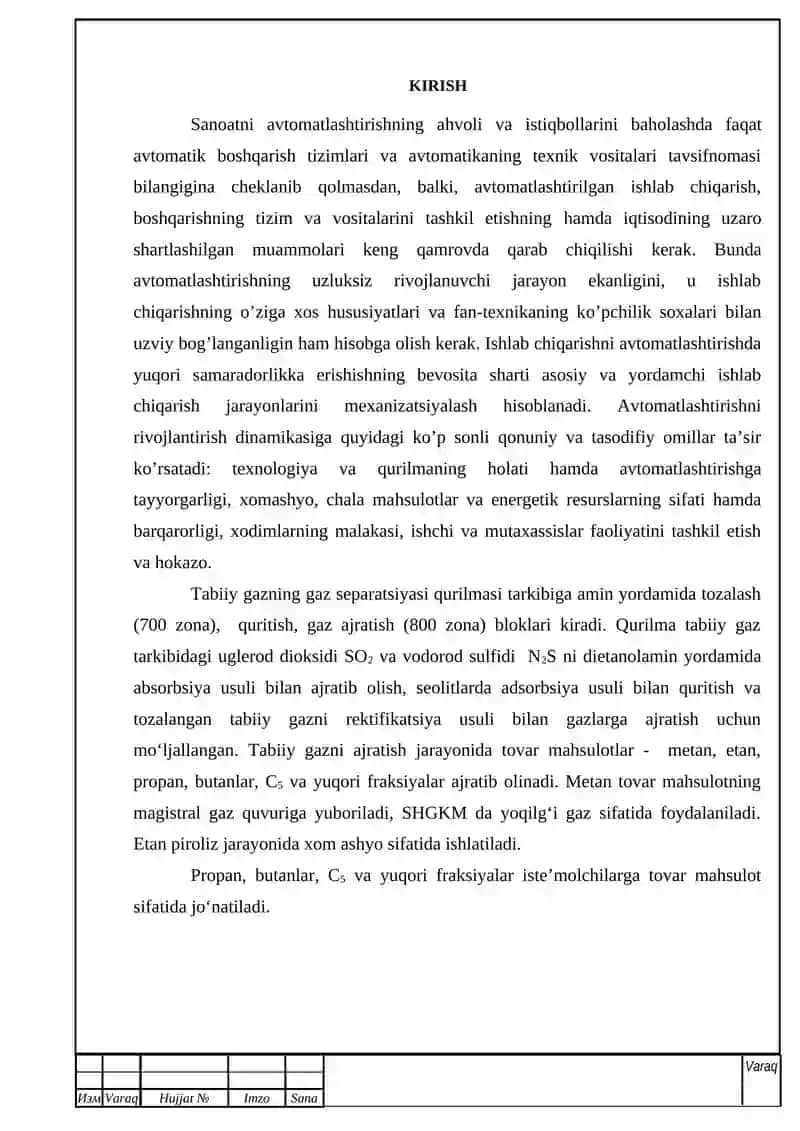 TABIIY GAZNI OLTINGUGURTDAN TOZALASH JARAYONINI AVTOMATLASHTIRISH Sanoatni avtomatlashtirish 2