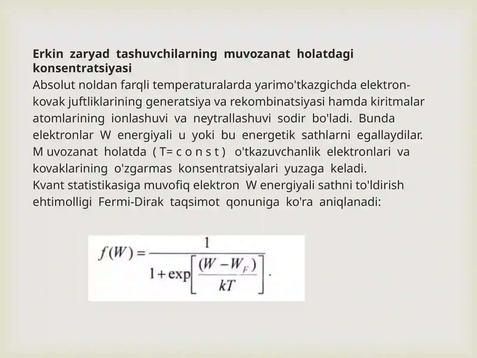 Erkin zaryad tashuvchilarning muvozanat holatdagi konsentratsiyasi 2